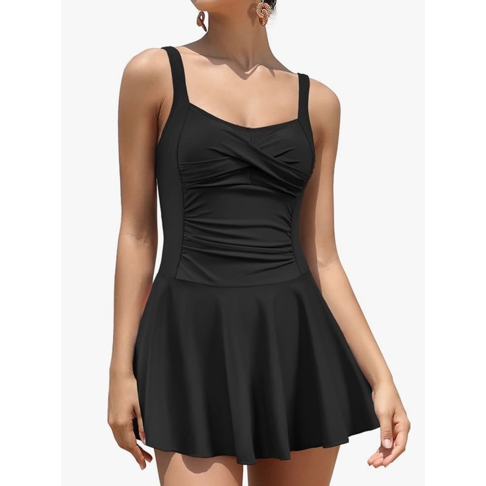 NEW Shekini Black One Piece Medium Swim Dress Ruched Tummy Control Swimsuit